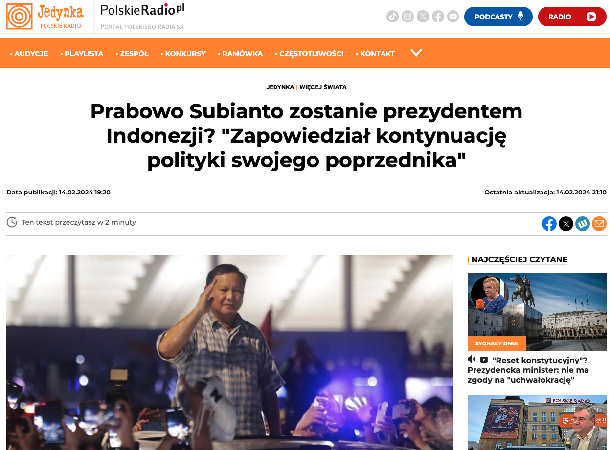 Zrzut ekranu strony internetowej Jedynki Polskiego Radia/Screenshot of the Jedynka Polskie Radio website