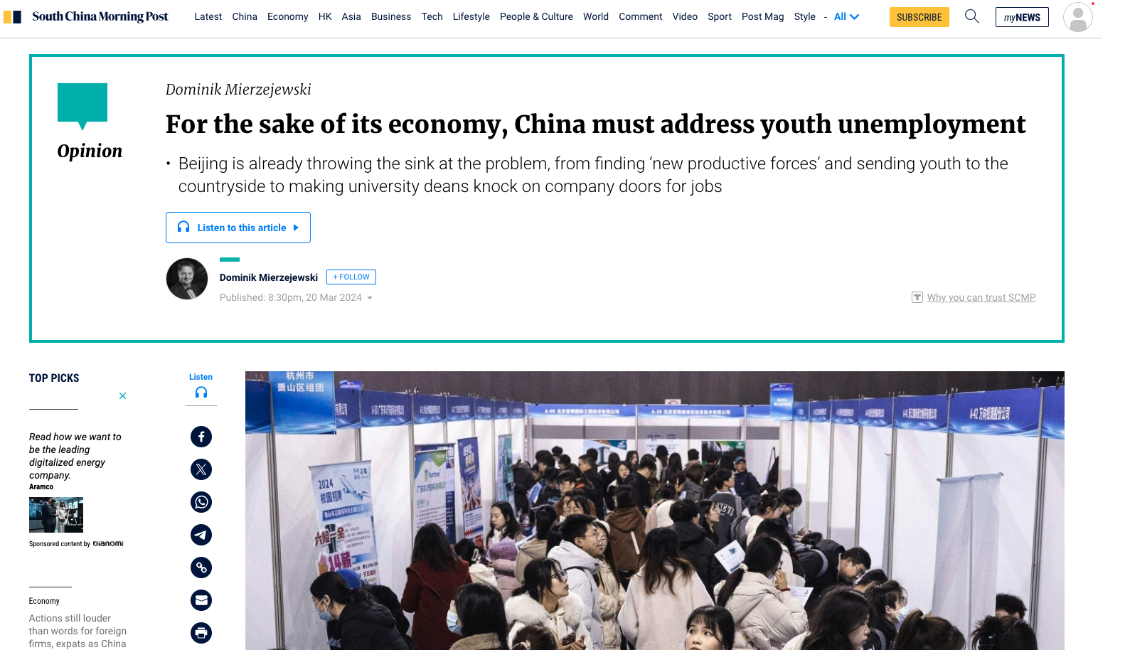 Zrzut ekranu strony internetowej South China Morning Post