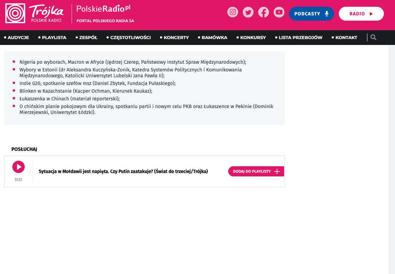 Zrzut ekranu strony internetowej Trójka Polskie Radio/Screenshot of Trójka Polskie Radio website