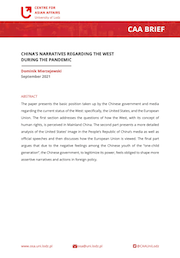 Pierwsza strona opracowania CAA Brief z czerwonym logiem Ośrodka Spraw Azjatyckich w lewym górnym rogu, pod którym znajduje się czerwony pasek z napisem "CAA Brief" a pod nim czarny tekst na białej stronie