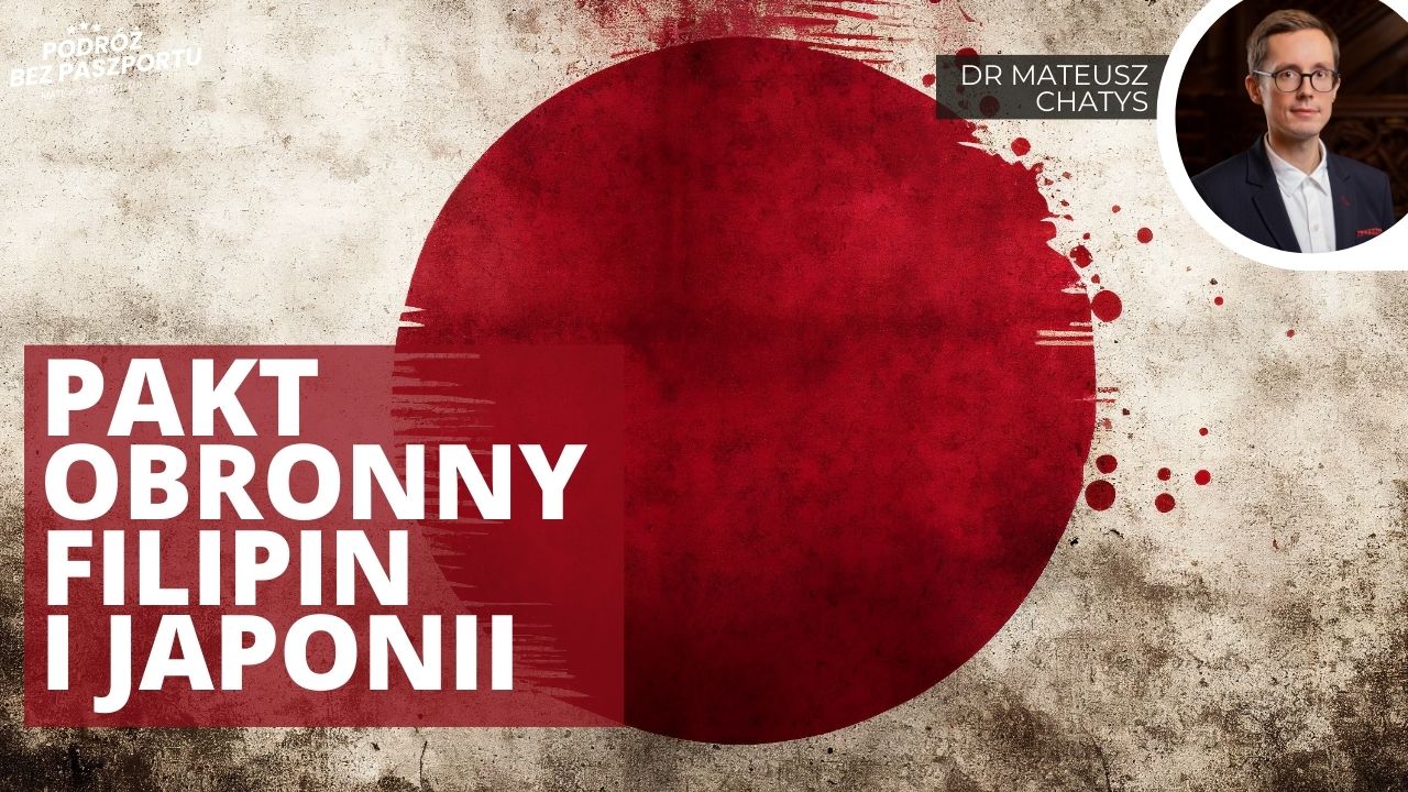 Grafika przypominająca flagę Japonii z napisem "Pakt obronny Filipin i Japonii"