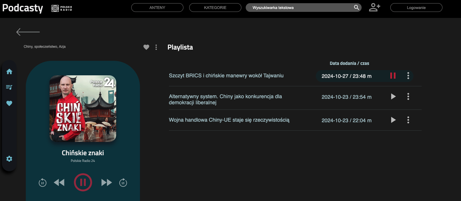 Zrzut ekranu przedstawiający stronę internetową Polskiego Radia z podcastem "Chińskie Znaki"