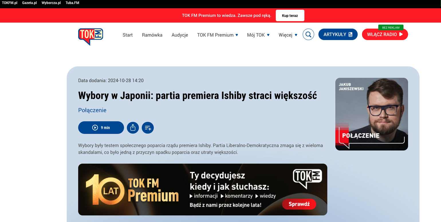 Zrzut ekranu strony internetowej radia Tok FM z audycją poświęconą wyborom w Japonii