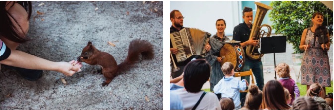 Po lewej stronie wiewiórka a po prawej zespół muzyczny/A squirrel on the left and a music band on the right