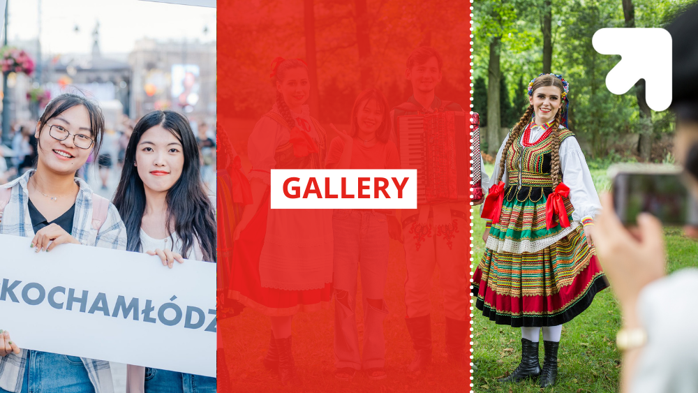 Po lewej stronie dwie chińskie studentki, na środku napis "Gallery", a po prawej stronie dziewczyna w ludowym stroju/On the left side, two Chinese students, in the center the inscription "Gallery", and on the right side, a girl in a folk costume