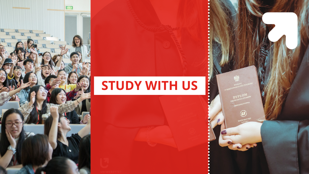 Po lewej stronie studenci podczas wykładu, na środku napis "Study with us", a po prawej stronie student na zakończeniu studiów/On the left, students during the lecture, in the middle, the inscription "Study with us", and on the right, a student at the end of their studies