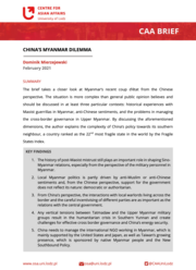Pierwsza strona opracowania CAA Brief z czerwonym logiem Ośrodka Spraw Azjatyckich w lewym górnym rogu, pod którym znajduje się czerwony pasek z napisem "CAA Brief" a pod nim czarny tekst na białej stronie