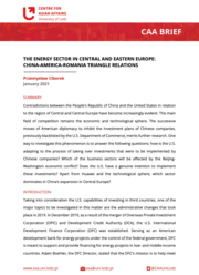 Pierwsza strona opracowania CAA Brief z czerwonym logiem Ośrodka Spraw Azjatyckich w lewym górnym rogu, pod którym znajduje się czerwony pasek z napisem "CAA Brief" a pod nim czarny tekst na białej stronie